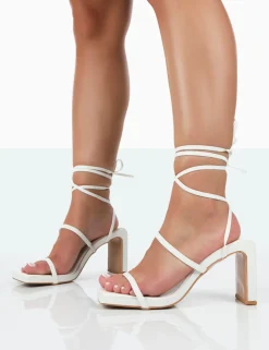 Public Desire Misha Square Toe Strappy Lace Up Thin Block Heels White Cheap