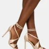 Public Desire Moana Champagne Satin Cross Over Strap Square Toe Stiletto Heels Cream Store