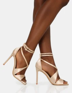 Public Desire Moana Champagne Satin Cross Over Strap Square Toe Stiletto Heels Cream Store