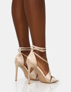 Public Desire Moana Champagne Satin Cross Over Strap Square Toe Stiletto Heels Cream Store