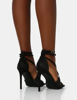 Public Desire Moana Satin Cross Over Strap Square Toe Stiletto Heels Black Flash Sale