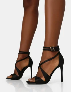 Public Desire Moana Satin Cross Over Strap Square Toe Stiletto Heels Black Flash Sale