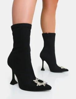 Public Desire Modena Nylon Diamantie Broach Cake Stand Heel Sock Ankle Boot Black Best