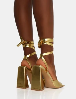 Public Desire Mojito Lace Up Pyramid Block Heels Gold Fashion
