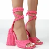 Public Desire Mojito Towelling Lace Up Pyramid Block Heels Pink Sale