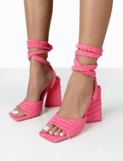Public Desire Mojito Towelling Lace Up Pyramid Block Heels Pink Sale