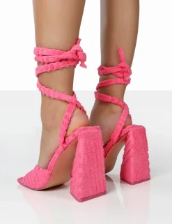 Public Desire Mojito Towelling Lace Up Pyramid Block Heels Pink Sale