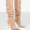 Public Desire Monica Pu Pointed Toe Stiletto Knee High Boots Nude Clearance