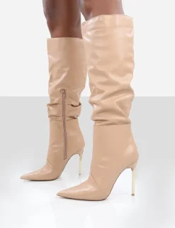 Public Desire Monica Pu Pointed Toe Stiletto Knee High Boots Nude Clearance