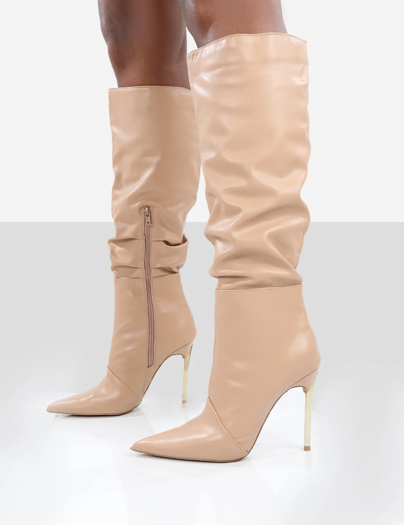 Public Desire Monica Pu Pointed Toe Stiletto Knee High Boots Nude Clearance