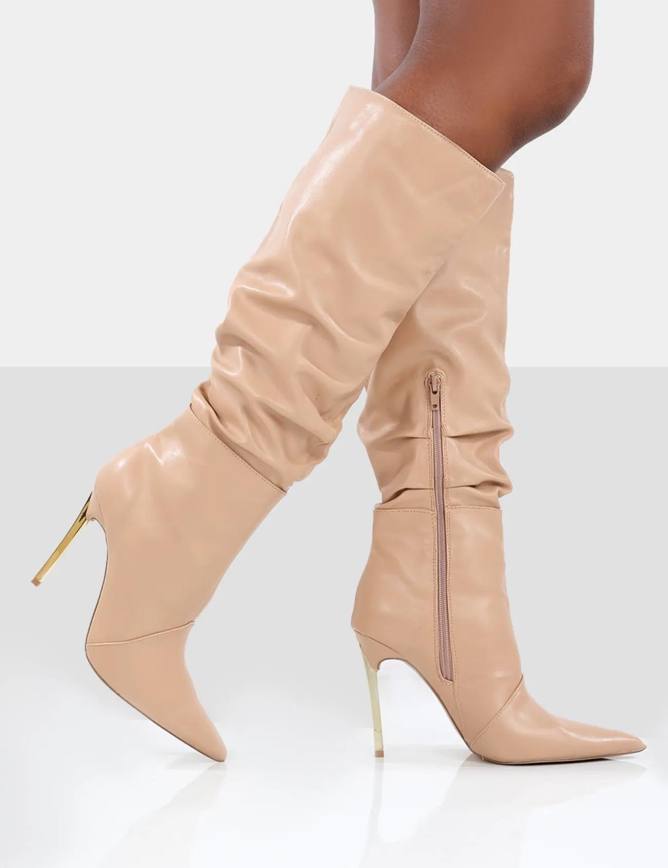 Public Desire Monica Pu Pointed Toe Stiletto Knee High Boots Nude Clearance
