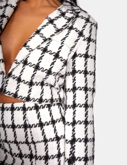 Public Desire Monochrome Textured Check Cropped Blazer Ivory New