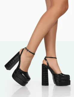 Public Desire Moonchild Croc Closed Toe Statement Platform Block Heels Black Best Sale