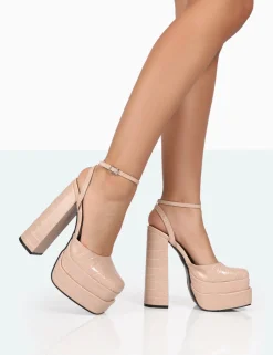 Public Desire Moonchild Croc Closed Toe Statement Platform Block Heels Stone Hot