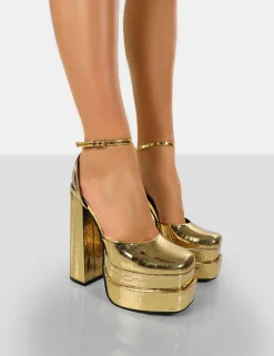 Public Desire Moonchild Croc Closed Toe Statement Platform Block Heels Gold Flash Sale