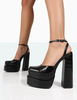 Public Desire Moonchild Croc Closed Toe Statement Platform Block Heels Black Best Sale