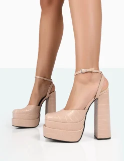 Public Desire Moonchild Croc Closed Toe Statement Platform Block Heels Stone Hot