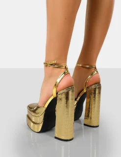 Public Desire Moonchild Croc Closed Toe Statement Platform Block Heels Gold Flash Sale