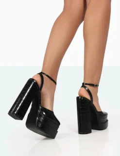 Public Desire Moonchild Croc Closed Toe Statement Platform Block Heels Black Best Sale