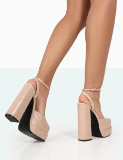 Public Desire Moonchild Croc Closed Toe Statement Platform Block Heels Stone Hot