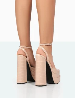 Public Desire Moonchild Croc Closed Toe Statement Platform Block Heels Stone Hot