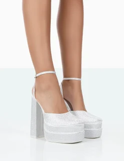 Public Desire Moonchild Diamante Satin Closed Toe Statement Platform Block Heels White Online