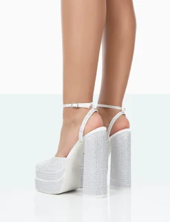 Public Desire Moonchild Diamante Satin Closed Toe Statement Platform Block Heels White Online
