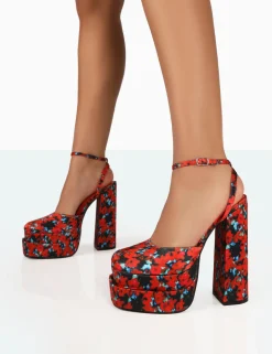 Public Desire Moonchild Floral Satin Closed Toe Statement Platform Block Heels Multi New
