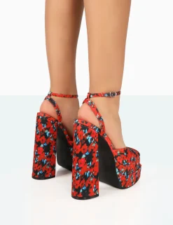 Public Desire Moonchild Floral Satin Closed Toe Statement Platform Block Heels Multi New