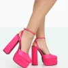 Public Desire Moonchild Fuchsia Satin Closed Toe Statement Platform Block Heels Pink Best Sale