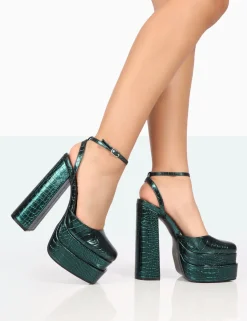 Public Desire Moonchild Metallic Green Croc Closed Toe Statement Platform Block Heels Emerald Best Sale