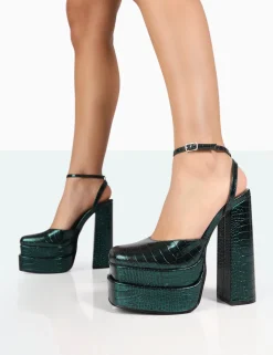 Public Desire Moonchild Metallic Green Croc Closed Toe Statement Platform Block Heels Emerald Best Sale