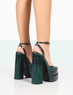 Public Desire Moonchild Metallic Green Croc Closed Toe Statement Platform Block Heels Emerald Best Sale
