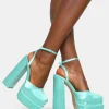 Public Desire Moonchild Satin Closed Toe Statement Platform Block Heels Turquoise Shop