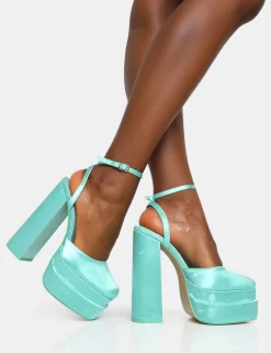 Public Desire Moonchild Satin Closed Toe Statement Platform Block Heels Turquoise Shop