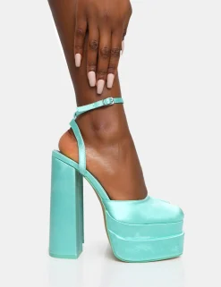 Public Desire Moonchild Satin Closed Toe Statement Platform Block Heels Turquoise Shop