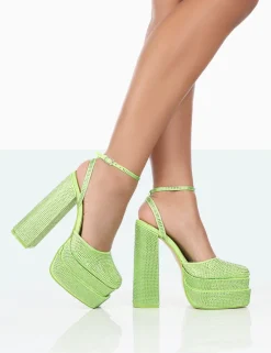 Public Desire Moonchild Sparkly Diamante Satin Closed Toe Statement Platform Block Heels Lime Store