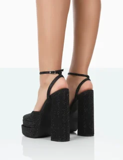 Public Desire Moonchild Sparkly Diamante Satin Closed Toe Statement Platform Block Heels Black Fashion