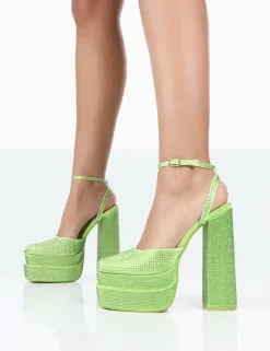 Public Desire Moonchild Sparkly Diamante Satin Closed Toe Statement Platform Block Heels Lime Store