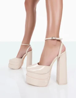 Public Desire Moonchild Wide Fit Patent Closed Toe Statement Platform Block Heels Ecru Cheap