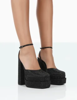 Public Desire Moonchild Wide Fit Sparkly Diamante Satin Closed Toe Statement Platform Block Heels Black Discount