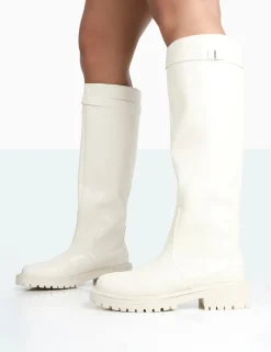 Public Desire More Fun Pu Round Toe Chunky Sole Knee High Boots Ecru Best Sale