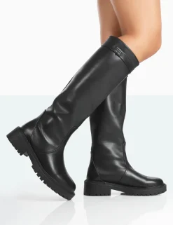 Public Desire More Fun Pu Round Toe Chunky Sole Knee High Boots Black Outlet