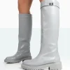 Public Desire More Fun Pu Round Toe Chunky Sole Knee High Boots Grey Sale