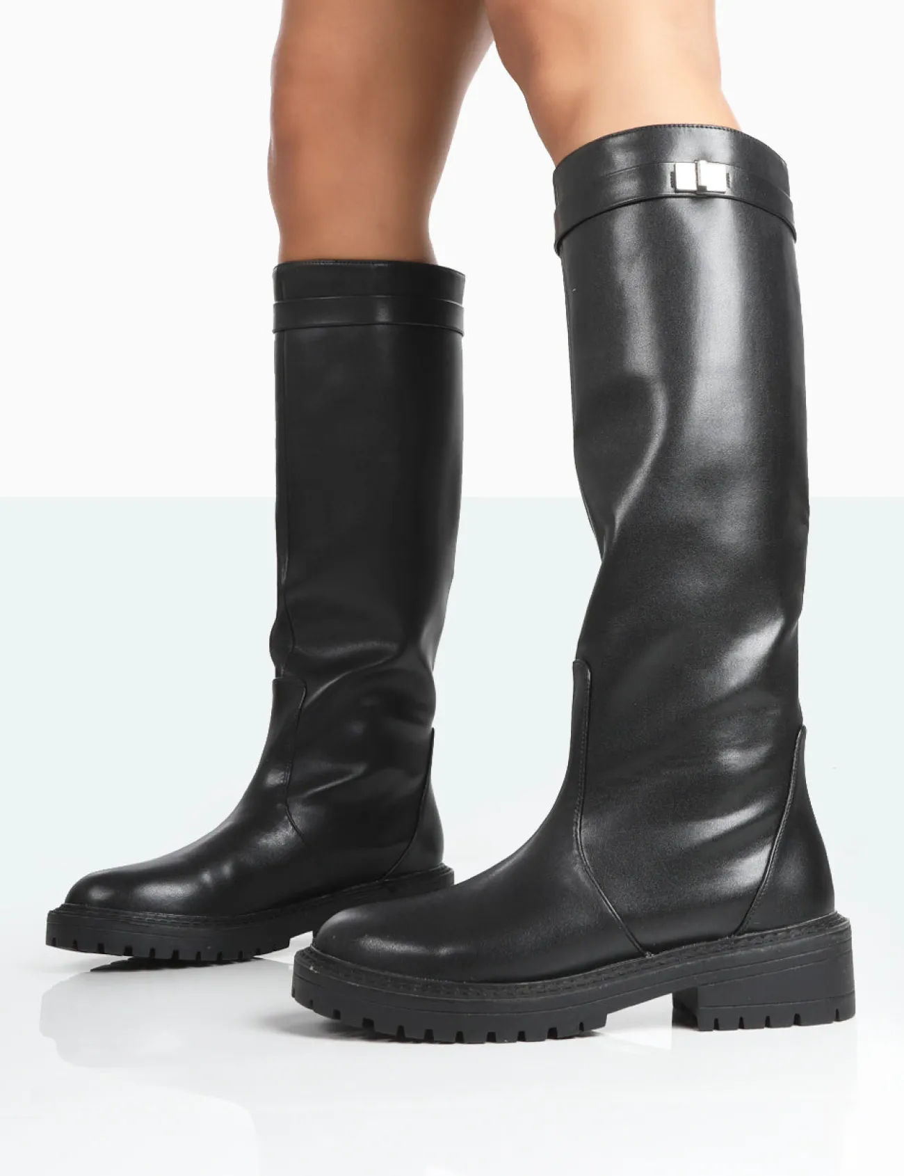 Public Desire More Fun Pu Round Toe Chunky Sole Knee High Boots Black Outlet