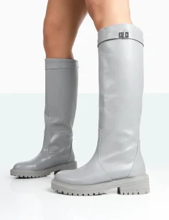 Public Desire More Fun Wide Fit Pu Round Toe Chunky Sole Knee High Boots Grey Hot