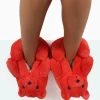 Public Desire Moxy Fluffy Faux Fur Bear Shaped Slippers Red Hot