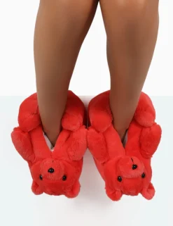 Public Desire Moxy Fluffy Faux Fur Bear Shaped Slippers Red Hot