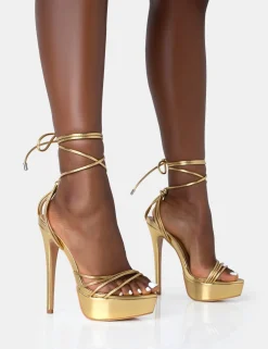 Public Desire Muse Gold Metallic Pu Strappy Lace Up Platform Pointed Toe Stiletto Heels Green Outlet