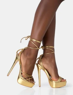 Public Desire Muse Gold Metallic Pu Strappy Lace Up Platform Pointed Toe Stiletto Heels Green Outlet